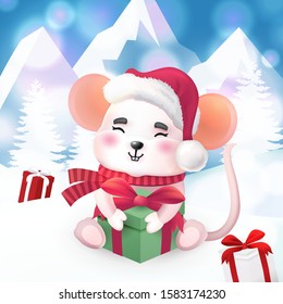 Cute rat character. Merry christmas and Happy new year 2020 invitation card. Winter holidays. Vector Illustration EPS10.