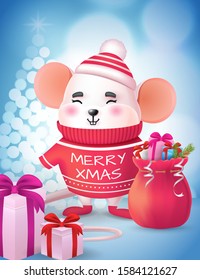 Cute rat character. Merry christmas and Happy new year 2020 invitation card. Winter holidays. Vector Illustration EPS10.