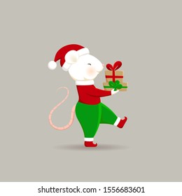Cute rat character in Santa Claus red hat and costume with Christmas gifts. Mouse Christmas Elf isolated on grey background. 