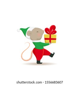 Cute rat character in Santa Claus red hat and costume with Christmas gifts. Mouse Christmas Elf isolated on white background. 