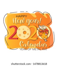 Cute rat with cheese on an orange background. Happy new year 2020. Chinese symbol of the year. Cute mouse symbol on a dynamic banner for calendar cover.