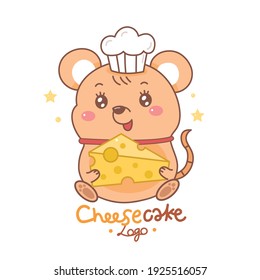 un bonito chef de rata sosteniendo un queso. caricatura del logo de cheesecake para tienda de alimentos.