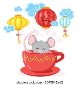 Cute rat in cup illustration. Adorable baby mouse sitting in red tea cups and chinese paper lanterns flat composition isolated on white background. 2020 year symbol animal color cartoon character