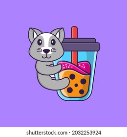 Cute rat Drinking Boba milk tea. Animal cartoon concept isolated. Can used for t-shirt, greeting card, invitation card or mascot.