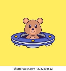 Cute rat Driving Spaceship Ufo. Animal cartoon concept isolated. Can used for t-shirt, greeting card, invitation card or mascot.