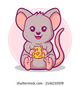 Cute Rat Eating Cheese Cartoon Vector