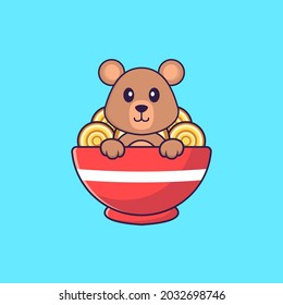 Cute rat eating ramen noodles. Animal cartoon concept isolated. Can used for t-shirt, greeting card, invitation card or mascot.