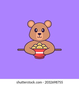 Cute rat eating ramen noodles. Animal cartoon concept isolated. Can used for t-shirt, greeting card, invitation card or mascot.