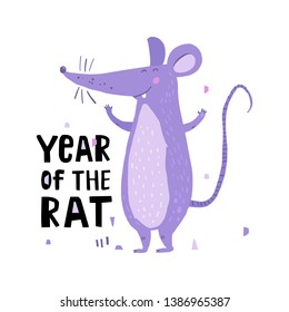 Cute rat flat hand drawn illustration. Symbol chinese happy new year 2020. Happy new year and mouse.