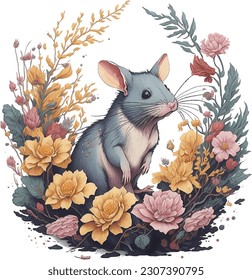 Rata suave con flor Splash color agua colorida Rata de ratón Micky doméstico Flores de arte vector 3D de mascotas y deja una ilustración muy detallada Diseño de camisetas Impresión de tinta para sublimación Impresión láser