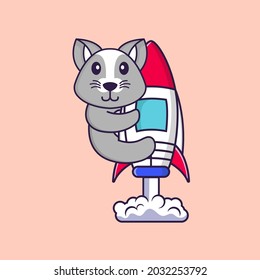 Cute rat flying on rocket. Animal cartoon concept isolated. Can used for t-shirt, greeting card, invitation card or mascot.