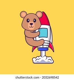 Cute rat flying on rocket. Animal cartoon concept isolated. Can used for t-shirt, greeting card, invitation card or mascot.