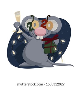 cute rat with funny colorful glasses 2020 and garland with glass of champagne vector illustration