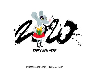 Cute rat is a girl with a red royal red robe and a gift box in her hands. Happy New Year. The symbol of the Chinese 2020 year. Holiday card. Vector illustration on white background. Lettering.