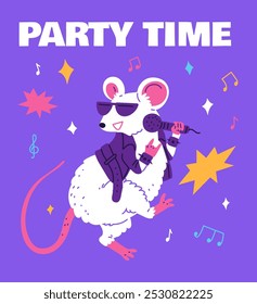 Rato bonito em óculos, jaqueta de couro roxo com microfone na pata, dança e canto. Festa de música. Festival de rock. Pôster com texto. Personagem feliz. Animal. Ilustração vetorial em fundo roxo.