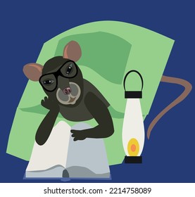 A cute rat with glasses is reading a book in bed by the light of a lantern. Illustration of the book rat idiom.