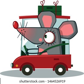 Cute rat goes on a red car