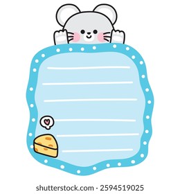 Cute rat greeting cheese on paper note.To do list.Stationary.Writing.Mouse.Rodent animal character cartoon design.Kawaii.Vector.Illustration.