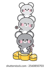 Cute rat greeting and sit on big cheese.Mouse.Rodent animal character cartoon design.Image for card,sticker,baby clothing.Kawaii.Vector.Illustration.