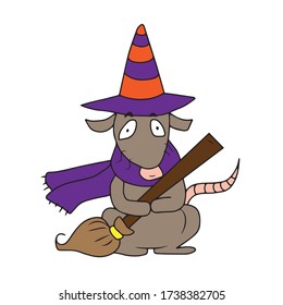 Cute rat in a hat with a broom, vector design for banner, poster, greeting card, party invitation.Traditional element of Halloween. Vector illustration.