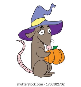 Rata dulce en un sombrero que sostiene una calabaza, diseño vectorial para banner, afiche, tarjeta de saludo, invitación de fiesta.Elemento tradicional de Halloween. Ilustración vectorial.
