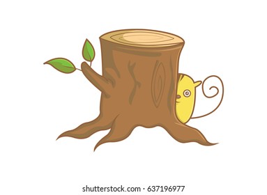 Cute Rat hiding behind the cut tree trunk. Vector Illustration. Isolated on white background.