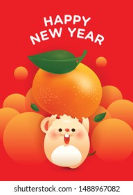 Cute rat holding big mandarin orange. Happy Chinese New Year 2020 the year of the rat. 