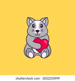Cute rat holding a big red heart. Animal cartoon concept isolated. Can used for t-shirt, greeting card, invitation card or mascot.