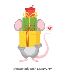 Cute rat holding birthday presents cartoon vector character. Adorable mouse congratulate. Baby rodent giving gift boxes flat illustration. Child b-day, anniversary greeting card. Sweet little animal