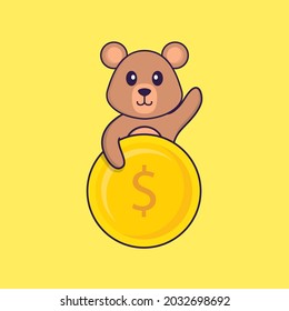 Cute rat holding coin. Animal cartoon concept isolated. Can used for t-shirt, greeting card, invitation card or mascot.