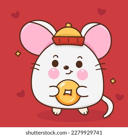 Cute rat holding golden coin Chinese zodiac animals. Series: Welcome lunar year (Happy new year). Greeting card isolated on red Background. Perfect make a wish for baby t shirt, celebration party.