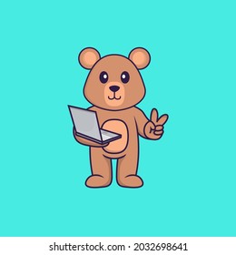 Cute rat holding laptop. Animal cartoon concept isolated. Can used for t-shirt, greeting card, invitation card or mascot.