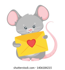 Cute rat holding letter cartoon vector character. Adorable mouse showing love. Baby rodent giving mail, envelope with heart flat illustration. Valentines Day greeting card. Sweet little animal