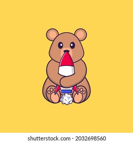 Cute rat holding a rocket. Animal cartoon concept isolated. Can used for t-shirt, greeting card, invitation card or mascot.