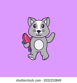 Cute rat holding a skateboard. Animal cartoon concept isolated. Can used for t-shirt, greeting card, invitation card or mascot.