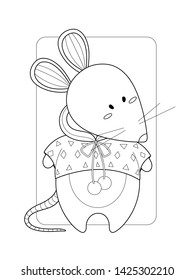 Cute rat in a hoodie. Page for coloring book, greeting card, print and poster. Hand-drawn vector illustration.