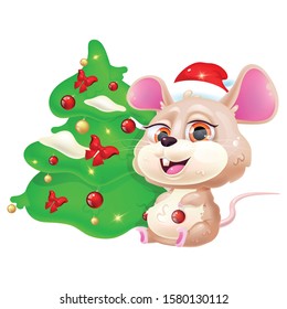 Cute rat kawaii cartoon vector character. Asian zodiac symbol of 2020 year. Adorable and funny animal sitting near Christmas tree isolated sticker, patch. Anime baby mouse emoji on white background