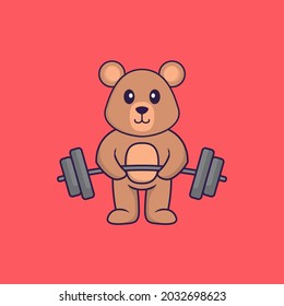 Cute rat lifts the barbell. Animal cartoon concept isolated. Can used for t-shirt, greeting card, invitation card or mascot. 