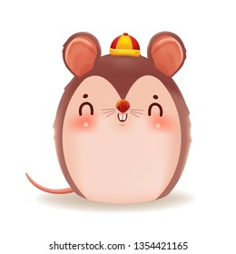 Cute rat little brown. zodiac mice of Animal lucks year 2020 of the rat. Chinese New Year.  Cartoon vector illustration isolated on a white. 
