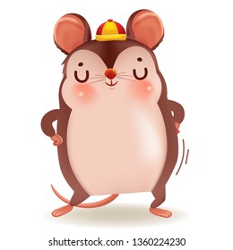 Cute rat little brown. zodiac mice of Animal lucks year 2020 of the rat. Chinese New Year.  Cartoon vector illustration isolated on a white. 
