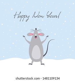 Cute rat looks up and sings. Vector symbol of 2020 New Year. Pretty animal for design. Eps 10