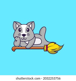 Cute rat lying on Magic Broom. Animal cartoon concept isolated. Can used for t-shirt, greeting card, invitation card or mascot.