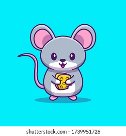 Cute Rat Mouse Hold Cheese Vector Icon Illustration. Animal Icon Concept Isolated Premium Vector. Flat Cartoon Style 