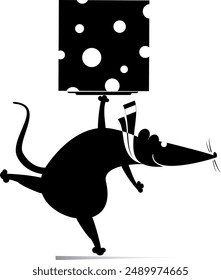 Cute rat or mouse holding a piece of cheese. 
Cartoon rat or mouse with a big slice of cheese. Black and white illustration
