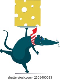 Cute rat or mouse holding a piece of cheese. 
Cartoon rat or mouse with a big slice of cheese
