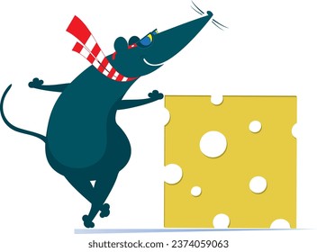 Rute oder Maus mit einem Stück Käse. 
Cartoon Ratte oder Maus mit einem großen Stück Käse. Einzeln auf weißem Hintergrund
