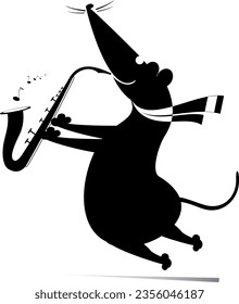 Rute oder Maus beim Saxophonspielen. 
Cartoon-Ratte oder Maus, die Musik auf Saxophon mit Inspiration abspielt. Schwarz-Weiß-Illustration
