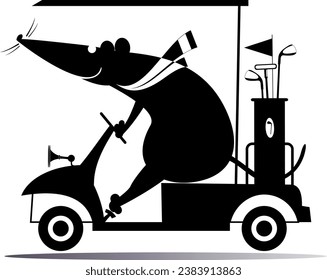 Rute oder Maus fährt mit dem Golfwagen. 
Cartoon Ratte oder Maus wird im Golfwagen Golf spielen. Schwarz-Weiß-Illustration
