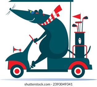 Rute oder Maus fährt mit dem Golfwagen. 
Cartoon Ratte oder Maus wird im Golfwagen Golf spielen. Einzeln auf weißem Hintergrund
