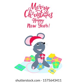 Cute rat or mouse in Santa Claus hat is sitting in a pile of gifts. 2020 Chinese New year. Funny cartoon smiling mice. Greeting card for winter celebrations.